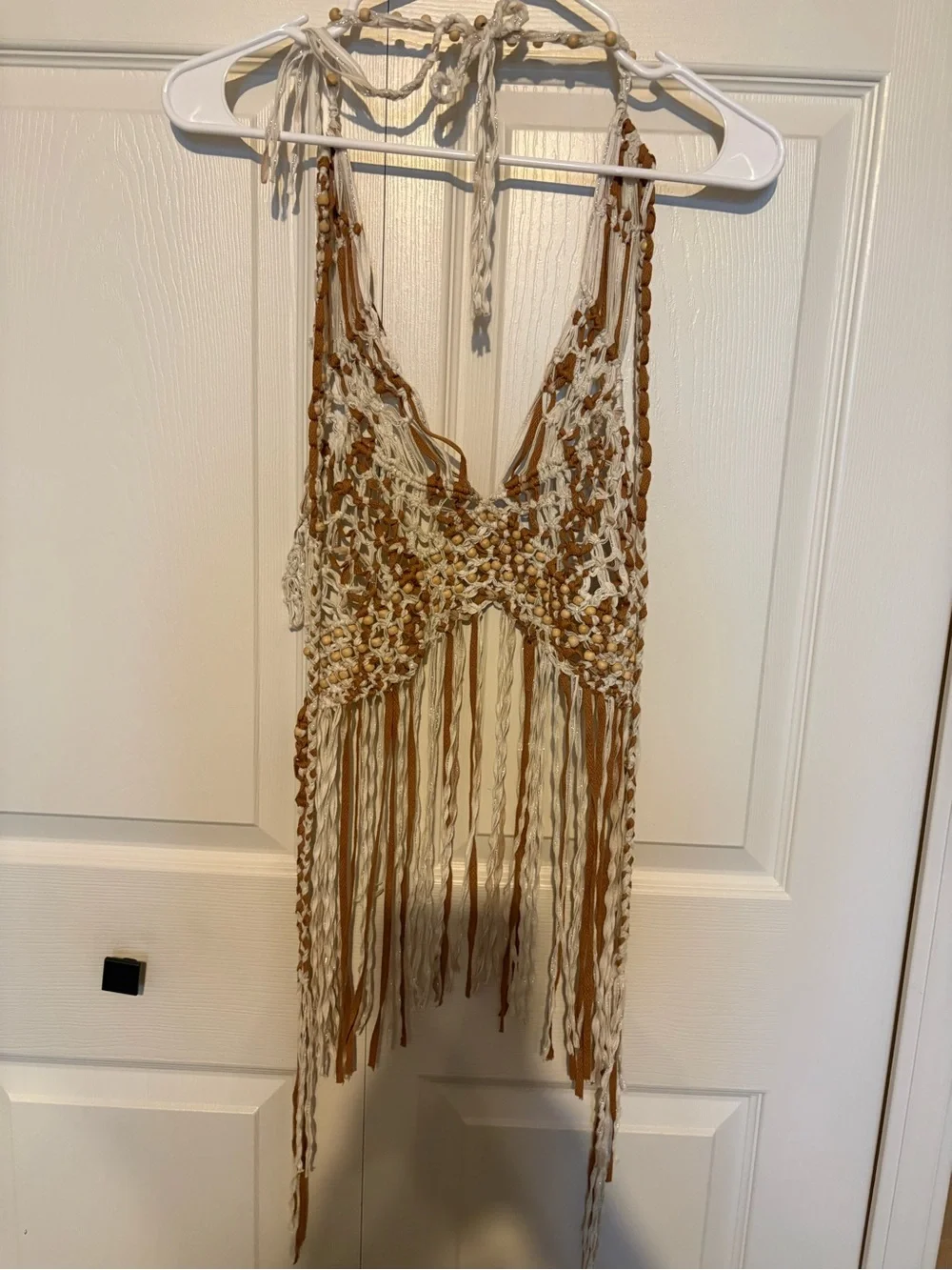 Free People Crochet Fringe Halter in Cream and Brown - Picture 2 of 4